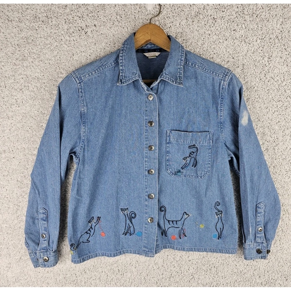 Vintage Christopher Banks Abstract Cats Yarn Denim Shirt Embroidered Size Small